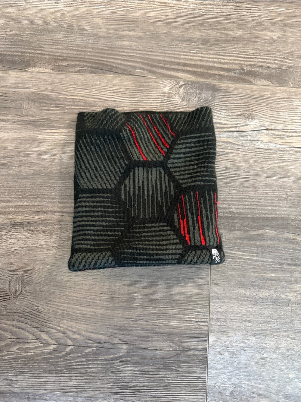 The North Face Black and Gray Geometric Knit Neck Warmer with Red Accents